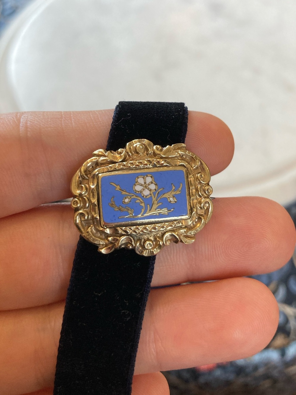 Antique Georgian Enamel Forget-Me-Not Puffy Style Brooch & Long Velvet Ribbon